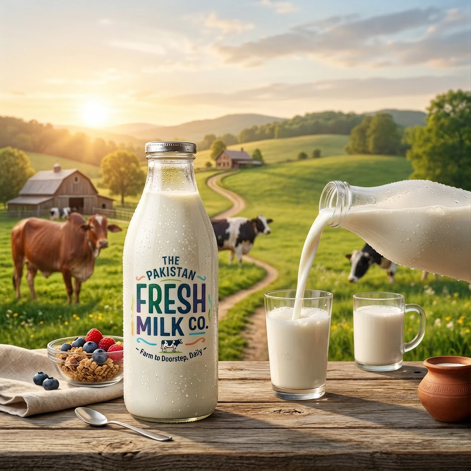 Farm-fresh milk poured at sunrise